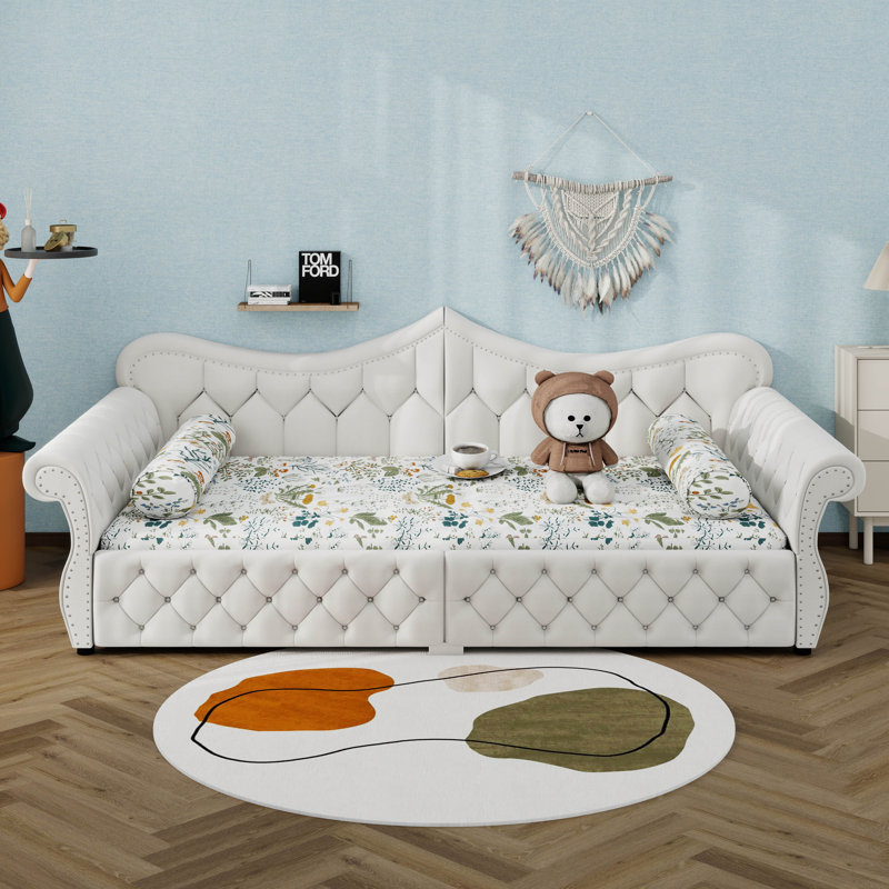 Grand lit de jour rembourré avec lumières DEL, lit de jour moderne avec dossier capitonné Mid-Century, Beige