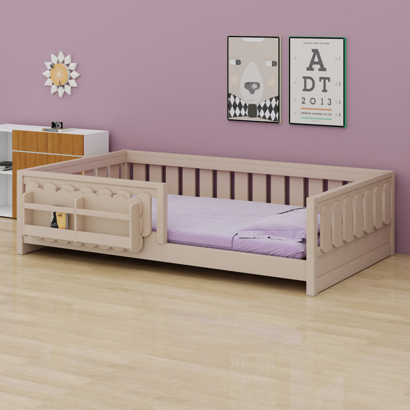 Lit plateforme avec garde-corps et tablettes de rangement, Naturel, Lit simple