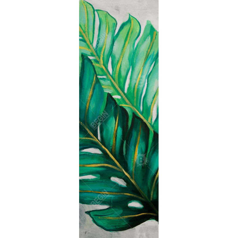 Trois grandes feuilles de plantes exotiques - décor de toile verte pour chambre
