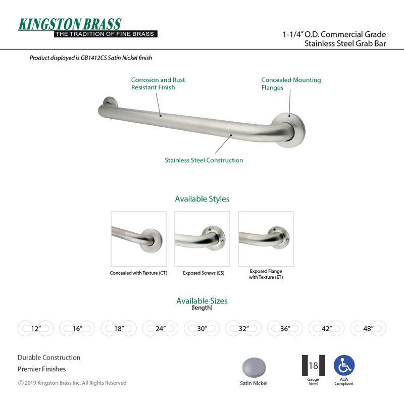 Kingston Brass Made To Match 1-1/4 Inch O.D Grab Bar, 12" W, White
