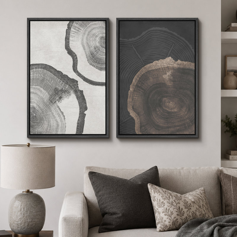 «Tree Ring», souche de bois gris, œuvre d'art neutre, photos de cabane de ferme rustique, ensemble de 2 impressions sur toile encadrées, 16 x 24 x 2, 24 x 36 x 2