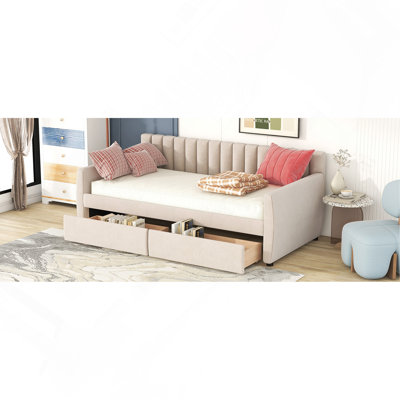Lit de jour simple tapissier avec tiroirs, support en lattes de bois, beige