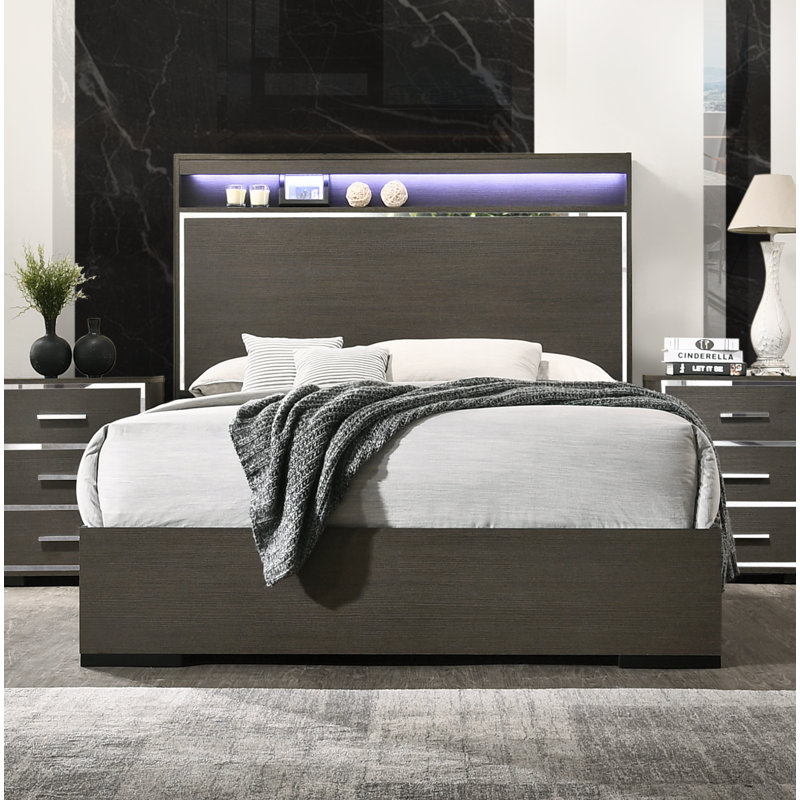 Pabai Wooden Standard Bed with LED in Gray Oak, Queen
