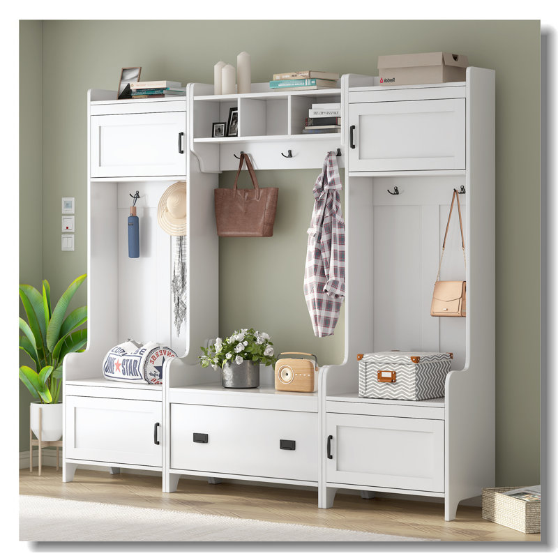 Modern Style 4-In-1 Multiple Functions Hallway Coat Rack With Seven Metal Black Hooks, Entryway Bench Hall Tree With Ample Storage Drawer