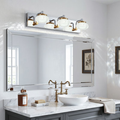 Barre d'éclairage de salle de bain 3 lumières 21,3 po en chrome et laiton avec abat-jour en verre transparent, intensité variable, applique murale industrielle pour miroir