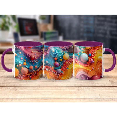 Colourful 3D Design 11oz Accent Mugs – White Ceramic Coffee Cup with a Purple Handle and Interior
