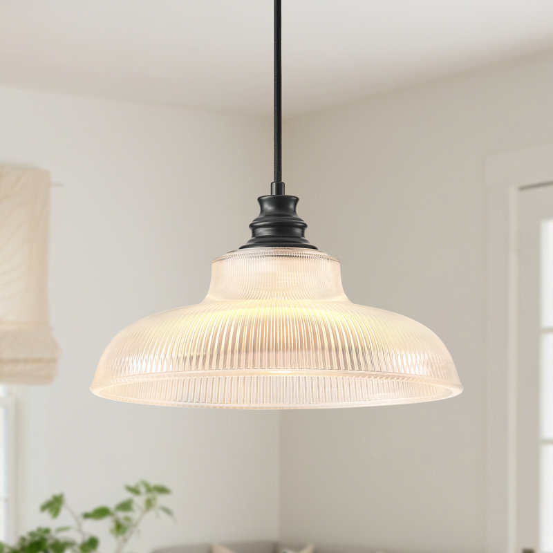 1-Light Dome Ribbed Glass Texture Pendant Light, Matte Black
