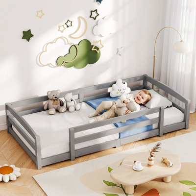 Wooden Montessori Kids Floor Bed, Twin/Full Size Frame with Safety Guardrails, Dual Side Entry Low Toddler Bed, Gray, Twin