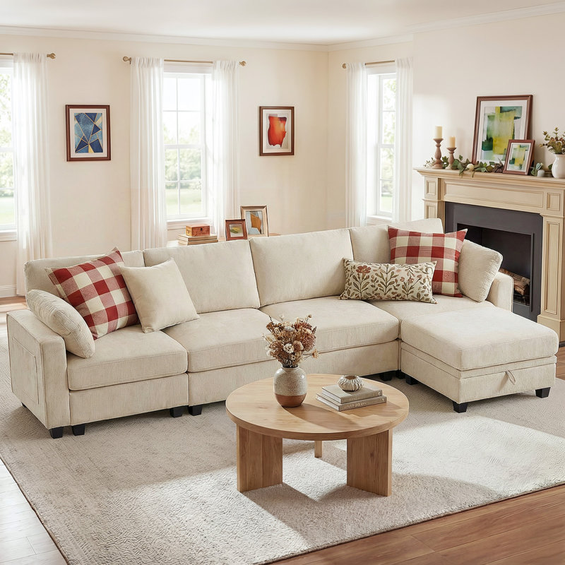 Canapé modulaire en U 130,3 po de large modulaire en chenille avec repose-pieds avec rangement, Beige