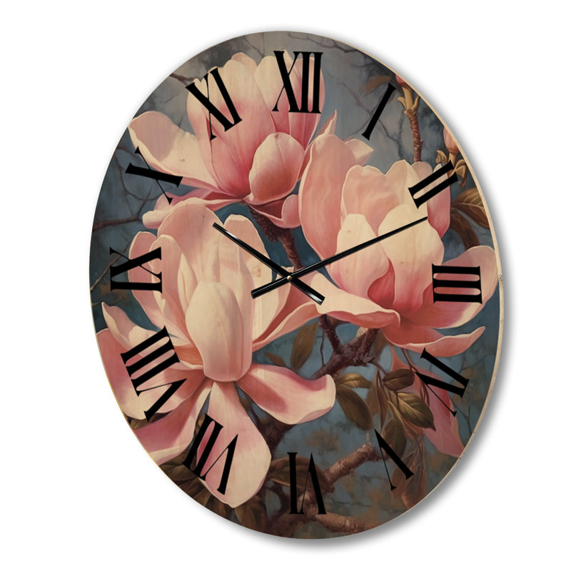 Horloge murale surdimensionnée en bois rose et blanc Magnolias Elegance, Grand