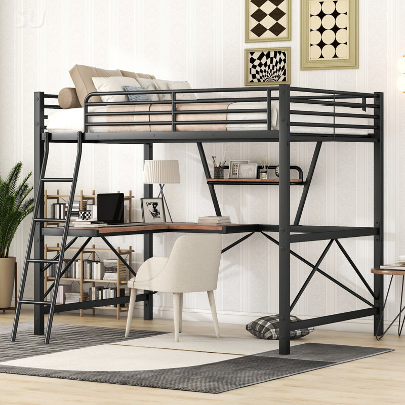 Lit mezzanine double en métal et panneau de fibres à densité moyenne avec bureau et tablette, Noir