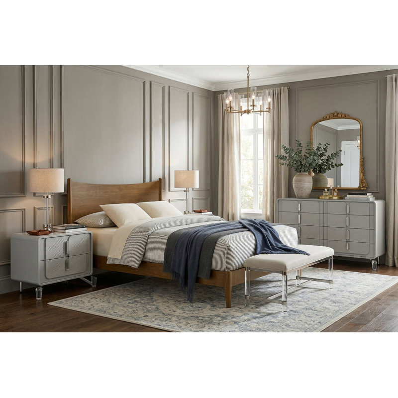 Sandara Modern Solid Wood Fully Assemble 3 Piece Bedroom Set, 3 Pcs: Bed, Nightstand, Dresser, Gray/Walnut