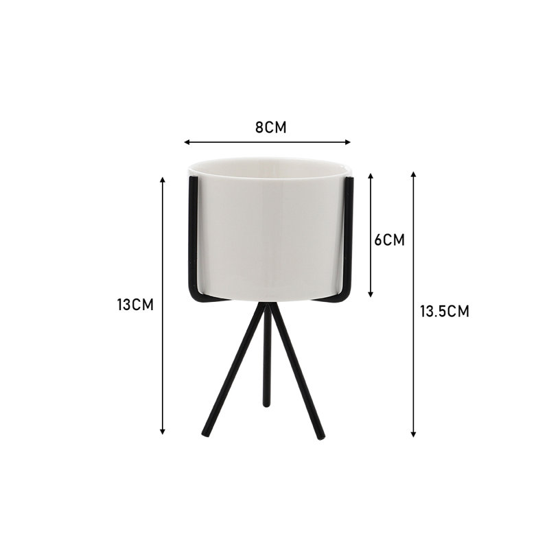 Abdulbaki Ceramic Cylindrical Free Standing Planter with Metal Stand, Black, 13.5cm H x 8cm W x 8cm D