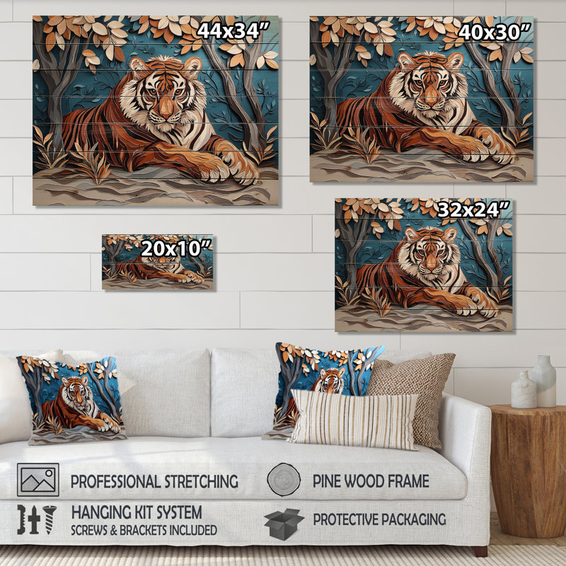 «Tigers Majestic Regal Pose», art mural en bois sur un bois de pin naturel, H 24 po x l 32 po