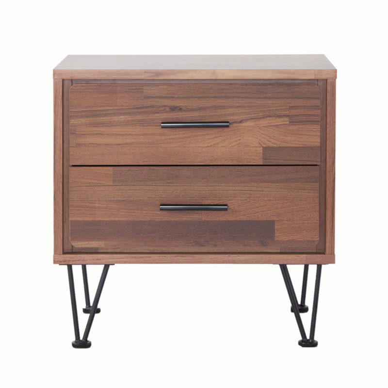 Table d'appoint 2 tiroirs en noyer avec pieds en épingle à cheveux