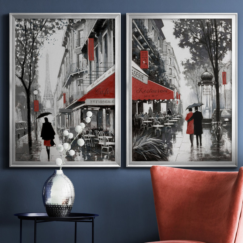 «Rainy Paris I», ensemble de 2 reproductions d'art, H 18,5 po x l 49 po x P 1,5 po, Toile encadrée argentée, Pas de tapis
