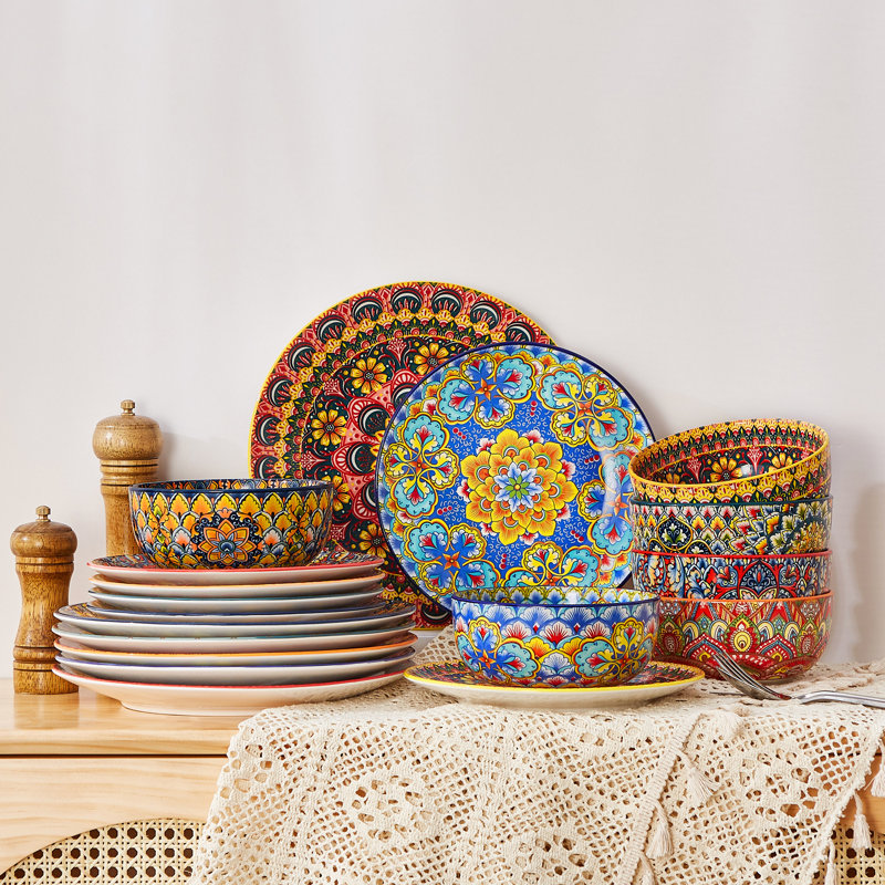 Service de table 18 pièces artistique Bohemian pour 6,6 impressions uniques sur deux côtés, ensemble complet de table en céramique Mix and Match
