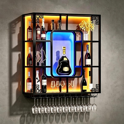 Grand support à vin mural avec porte-verres à pied suspendu, tablettes flottantes à 4 niveaux pour les bouteilles de boissons alcoolisées, tablette de rangement en métal pour le bar de la salle à manger