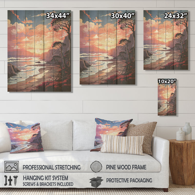 Orange Sunset Bold Beach III - plage sur bois, H 40 po x l 30 po