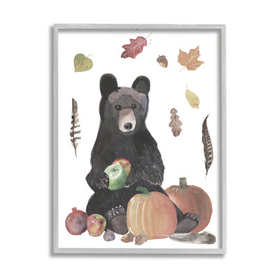 Ourson tenant des pommes, un feuillage d'automne et des citrouilles - impression