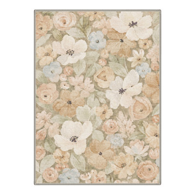 Tapis floral beige / vert lavable à la machine avec envers antidérapant