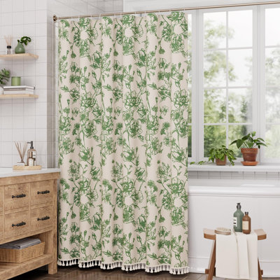 Sage Green Floral Shower Curtain, Modern Farmhouse Shower Curtain Set with Tassels, Rustic Faux Linen Shower Curtain Washable with Hooks for Cottagecore Style, 72x72 Inches