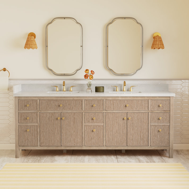 Lala 84" Double Bathroom Vanity with Grain White Engineered Stone Countertop without Mirror, Nature Oak