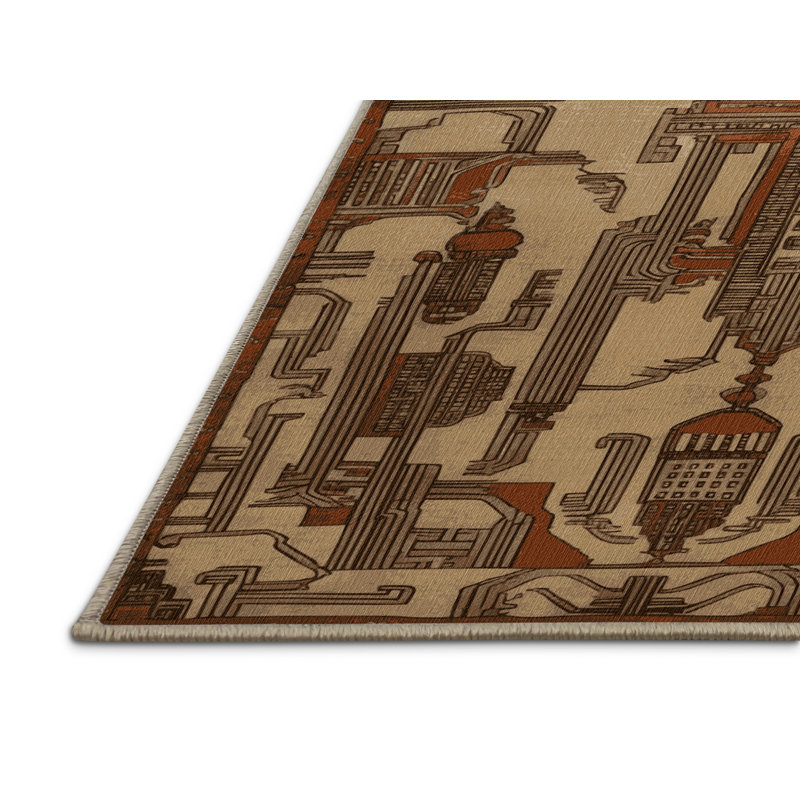 Machine Washable Art Deco Beige Area Rug, Rectangle 3' x 5'
