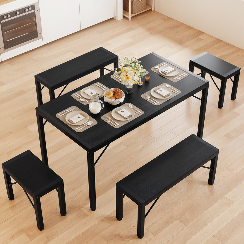Ensemble de salle à manger 6 personnes avec deux bancs longs et deux bancs courts, Noir / Noir, 5 Pieces: Table, 4 Bench