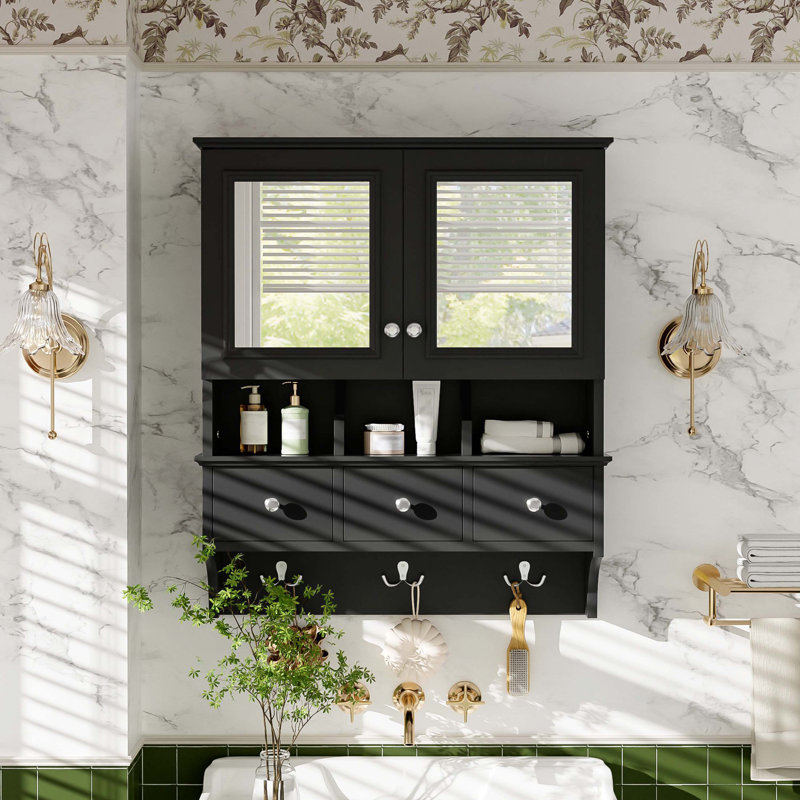 24 Inch 4-In-1 Multifunctional Bathroom Mirror Cabinet, Wall Mount Cabinet With Drawers & Storage Hooks, Black