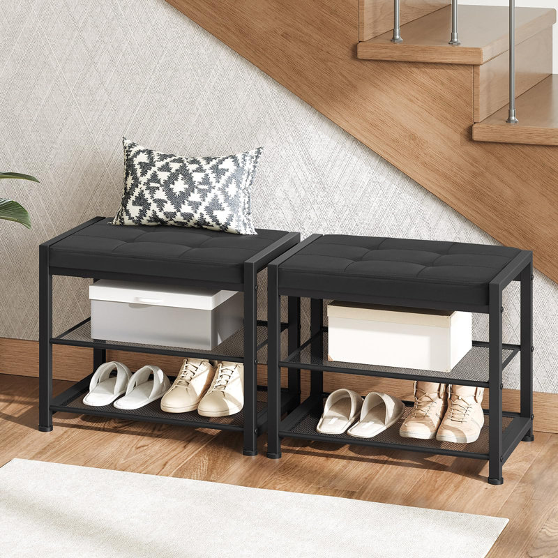 Banc à chaussures à 3 niveaux avec coussin de siège en polyuréthane, organisateur de rangement de chaussures en maille métallique pour vestibule, petit banc à chaussures autoportant