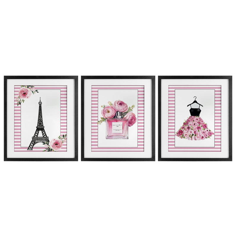 «Parisian Glam with Stripes», ensemble de 3 impressions encadrées sous verre, design par Christine Simpson Art