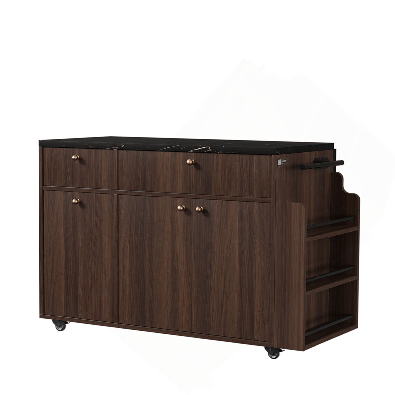 Kitchen Island with Storage Rolling Kitchen Island Cart with Drop Leaf Extension, Black Marble Top, Drawers, Spice Rack, Towel Bar, Mobile Kitchen Cart for Kitchen & Dining Room