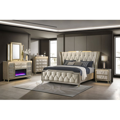 Aikens 5-Piece Eastern King Bedroom Set Ivory And Camel With Flame Box Dresser