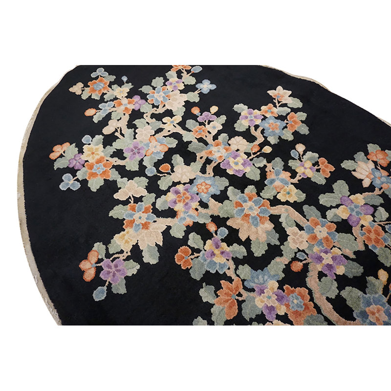 Antique Floral Black Chinese Art Deco Oval Rug