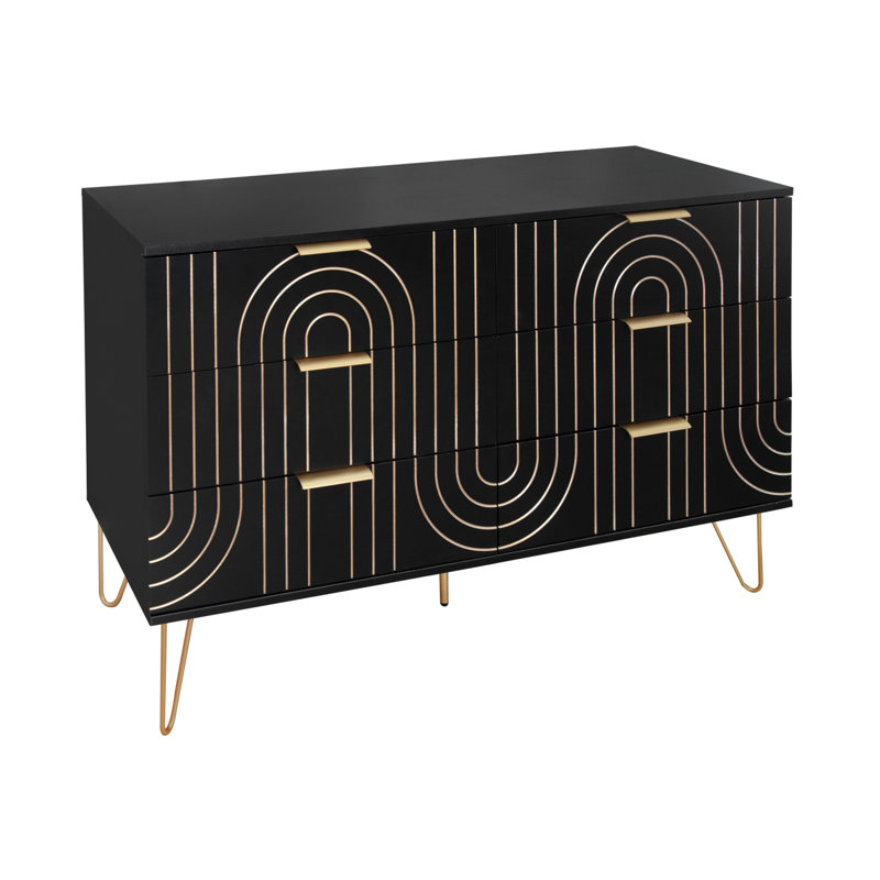 Commode moderne 6 tiroirs, commode moderne avec poignées en métal, commode de rangement, tiroir large, Noir