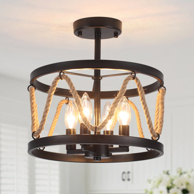 Chesmore 4 - Plafonnier rond semi-encastré bohème à 4 lumières, 12,6 po, intensité variable, en corde de chanvre, pour salle à manger, salon et espaces repas à thème côtier