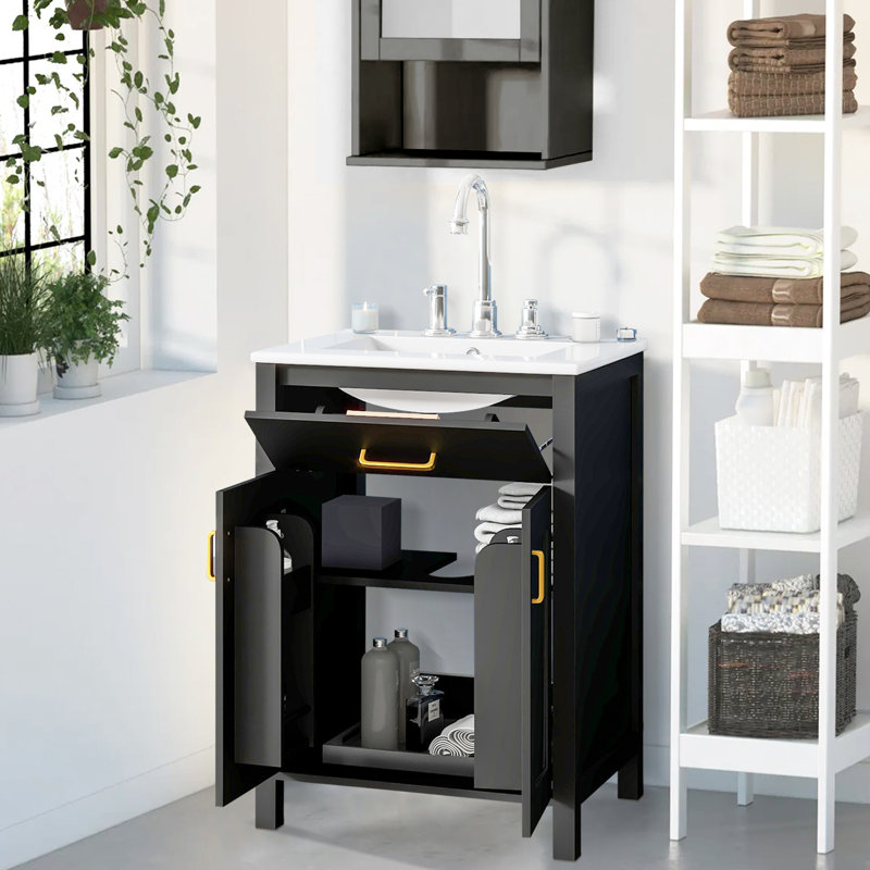Ensemble de meuble-lavabo de salle de bain avec lavabo en céramique, meuble-lavabo peu encombrant, Noir, noir, noir, noir
