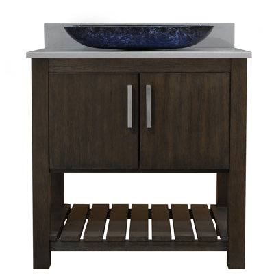 Meuble-lavabo simple de 36 po avec comptoir en quartz gris orage, vasque en verre peint et quincaillerie en nickel brossé