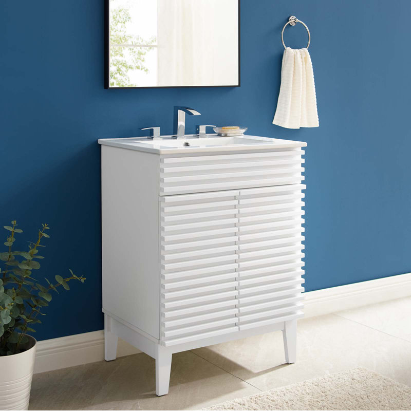 White 24" Freestanding Mid-Century Modern Bathroom Vanity
