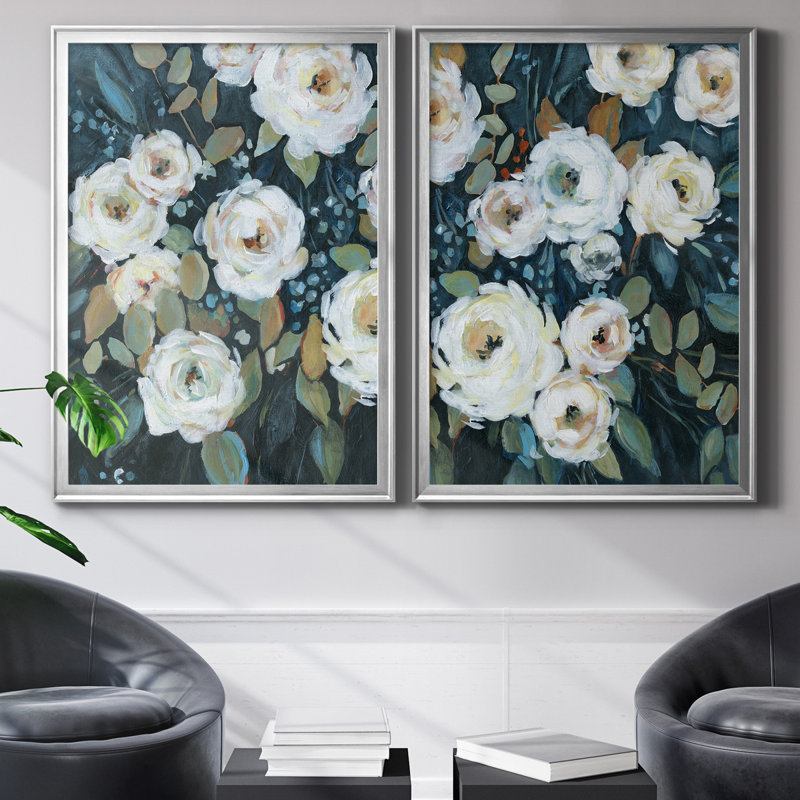 Moonlit Garden II - ensemble de 2 reproductions d'art, Pas de tapis, Toile encadrée argentée, H 26,5 po x l 73 po x P 3 po