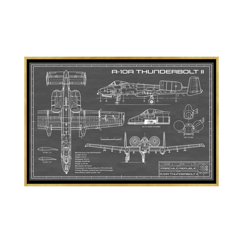 A-10 Thunderbolt II-imprimé de dessin, H 40 po x l 60 po x 1,5 po, Toile encadrée d'or, Pas de tapis
