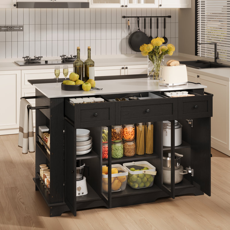 Charlien Rolling Mobile Kitchen Island With Stainless Steel Counter Top, Power Outlet & Drop Leaf, Black