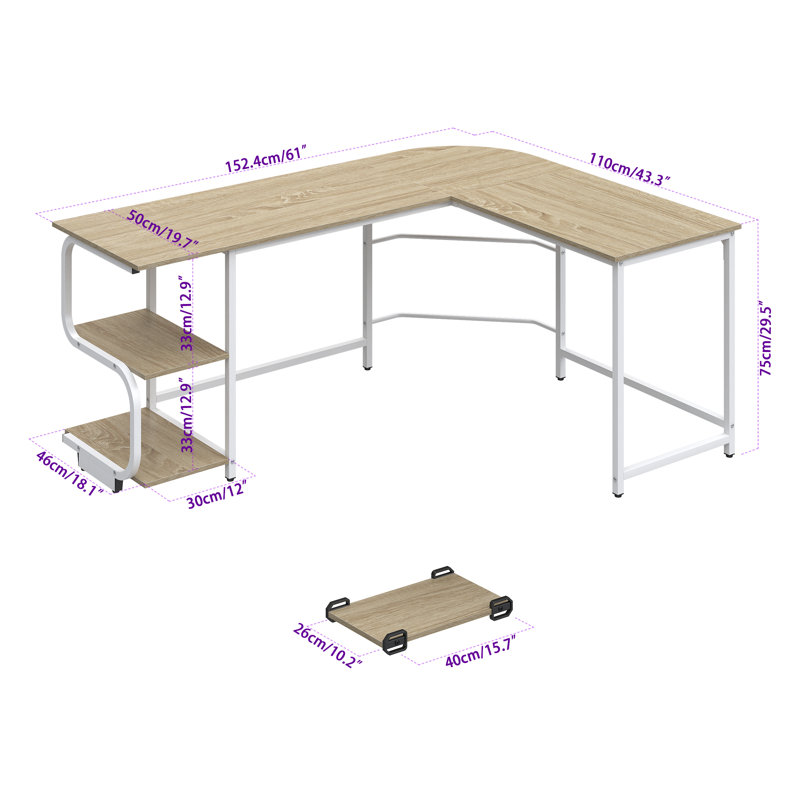 Bureau en L Kennett réversible, H 29,3 po x l 68,9 po x P 53,1 po, Beige / Blanc