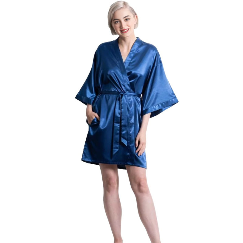 Peignoir en satin avec poches Quindy, M / G, Bleu marine