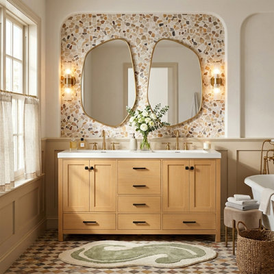 Meuble-lavabo 59,3 po avec cadre en bois massif et armoire en panneau de fibres à densité moyenne, double lavabo en résine SMC, portes et tiroirs à fermeture en douceur, 4 portes, 5 tiroirs, tablettes réglables, poignées noires