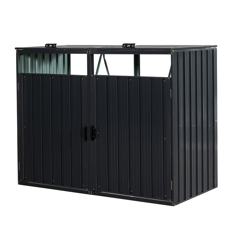 Garbage Bin Shed Stores 2 Trash Cans Metal Outdoor Bin Shed For Garbage Storage, Charcoal Gray