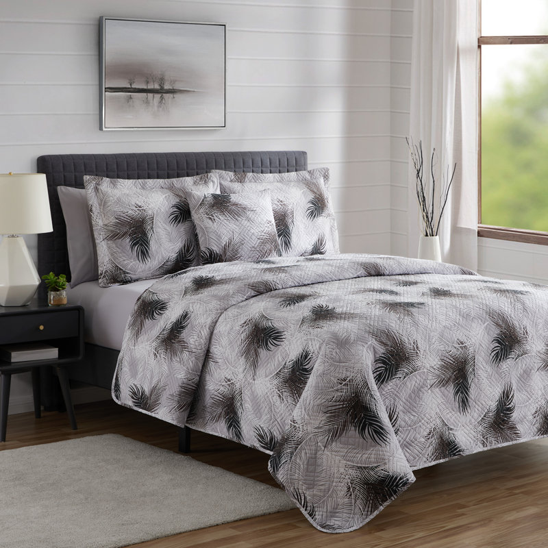 Twin Gray Palm Leaf Microfiber Bedspread Set