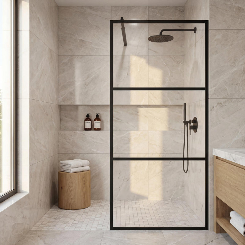 Panneau de verre de douche fixe, écran de douche en verre trempé clair de 6 mm (1/4 po) pour salle de bain, porte de douche encadrée avec barre de support réglable, motif divisé en 3 pièces, scellant pour verre en prime inclus