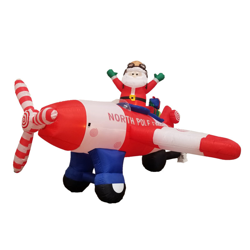 Décor de jardin gonflable animé de 2,4 mètres de large représentant le père Noël aux commandes d'un avion